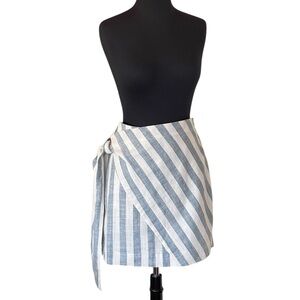By Together Blue White Striped Mini Skirt Sz L Side Tie Linen Cotton Blend NWT